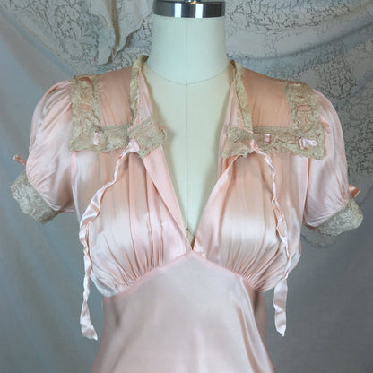 Vintage 1940's Nightgown | Light Rose Rayon Satin with Woven Ribbon & Lace Yoke | Tru Form by Miss D Benay | Size SM, MED - Daggers & Dames