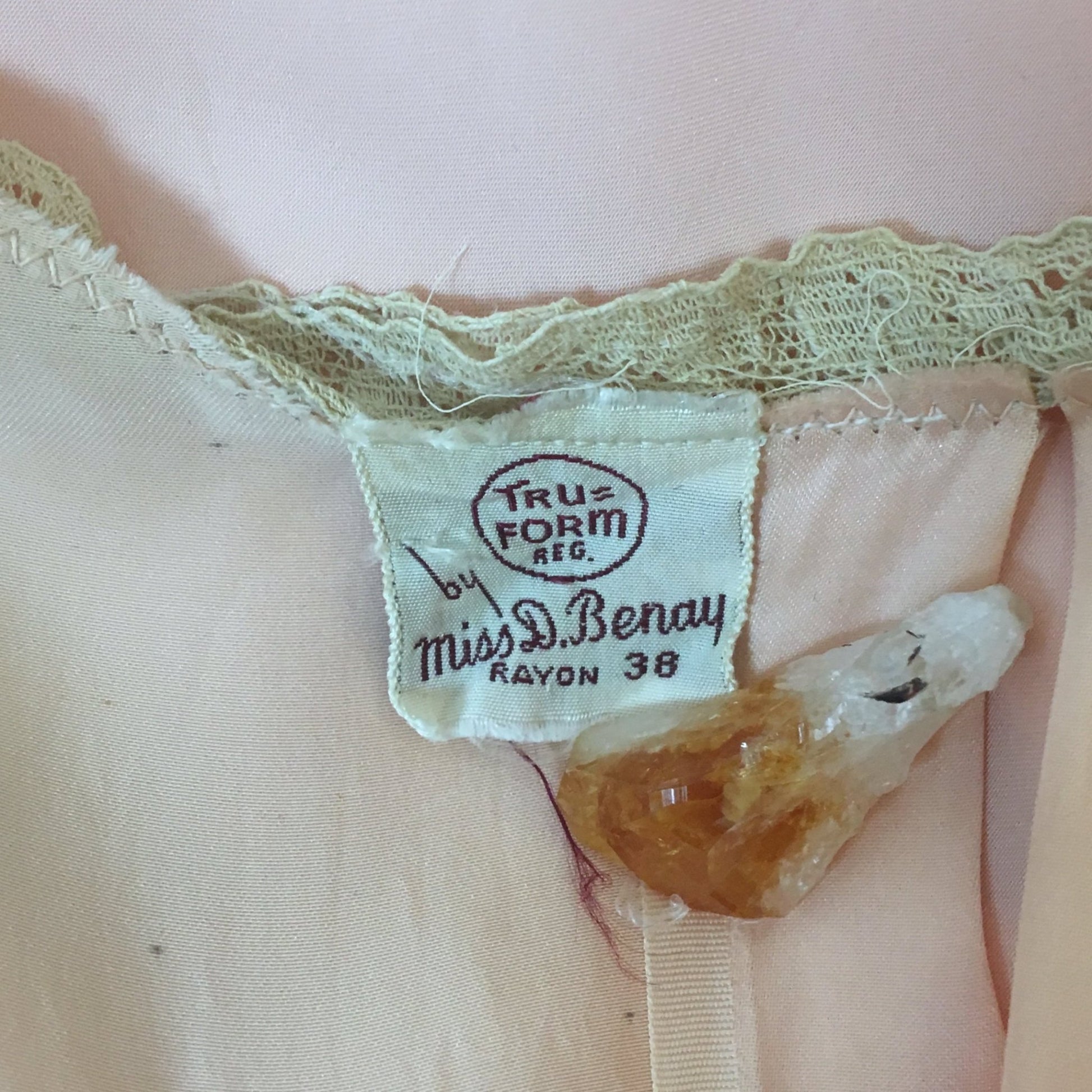 Vintage 1940's Nightgown | Light Rose Rayon Satin with Woven Ribbon & Lace Yoke | Tru Form by Miss D Benay | Size SM, MED - Daggers & Dames