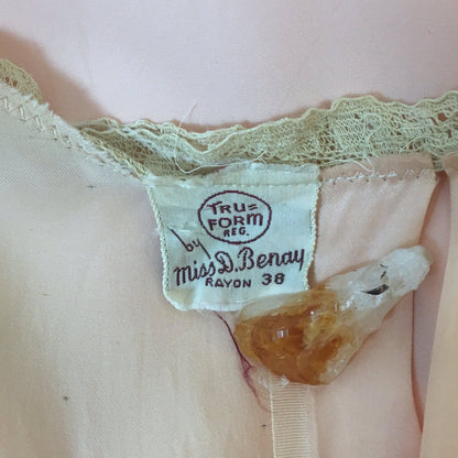 Vintage 1940's Nightgown | Light Rose Rayon Satin with Woven Ribbon & Lace Yoke | Tru Form by Miss D Benay | Size SM, MED - Daggers & Dames
