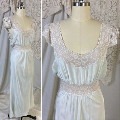 Vintage 1940's Nightgown | Pale Mint Green Rayon Crepe with Bone White Embroidered Chiffon | Size M, LG | Lady Leonora, Gown of the Month - Daggers & Dames