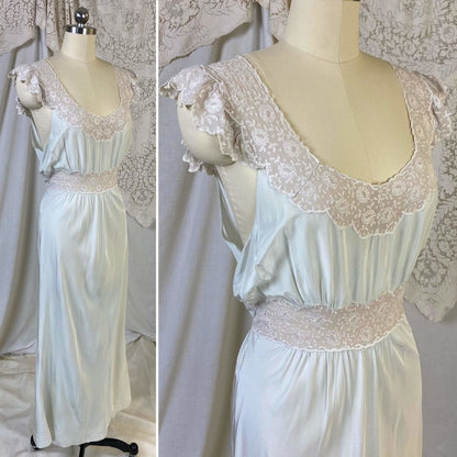 Vintage 1940's Nightgown | Pale Mint Green Rayon Crepe with Bone White Embroidered Chiffon | Size M, LG | Lady Leonora, Gown of the Month - Daggers & Dames