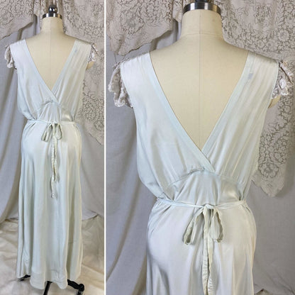 Vintage 1940's Nightgown | Pale Mint Green Rayon Crepe with Bone White Embroidered Chiffon | Size M, LG | Lady Leonora, Gown of the Month - Daggers & Dames