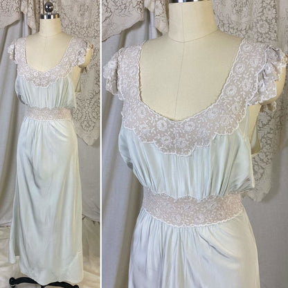 Vintage 1940's Nightgown | Pale Mint Green Rayon Crepe with Bone White Embroidered Chiffon | Size M, LG | Lady Leonora, Gown of the Month - Daggers & Dames