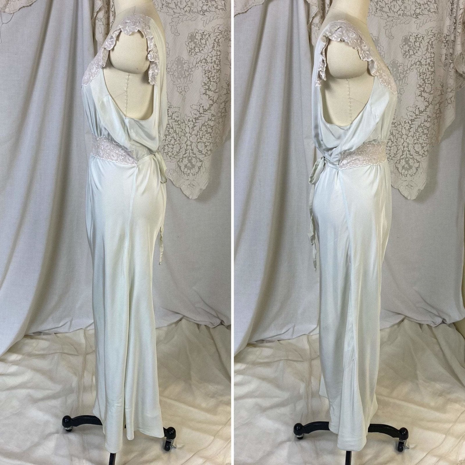 Vintage 1940's Nightgown | Pale Mint Green Rayon Crepe with Bone White Embroidered Chiffon | Size M, LG | Lady Leonora, Gown of the Month - Daggers & Dames