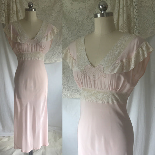 Vintage 1940's Nightgown | Pale Pink Rayon with Ivory Lace | Lady Edso | Size M - Daggers & Dames