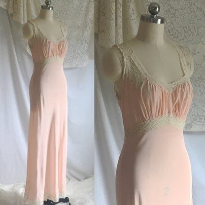 Vintage 1940's Nightgown | Pale Pink Rayon with Lace & Bias Cut | Size S, M - Daggers & Dames