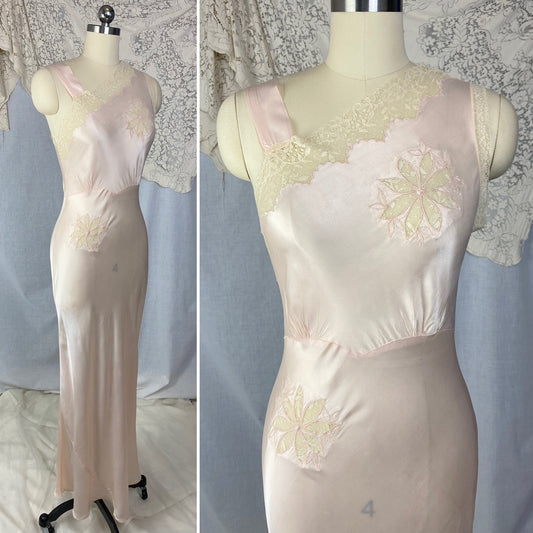 Vintage 1940's Nightgown | Pale Powder Pink Rayon Satin with Lace Floral Inserts & Faux Off Shoulder | Size XS, S | D'Amato - Daggers & Dames