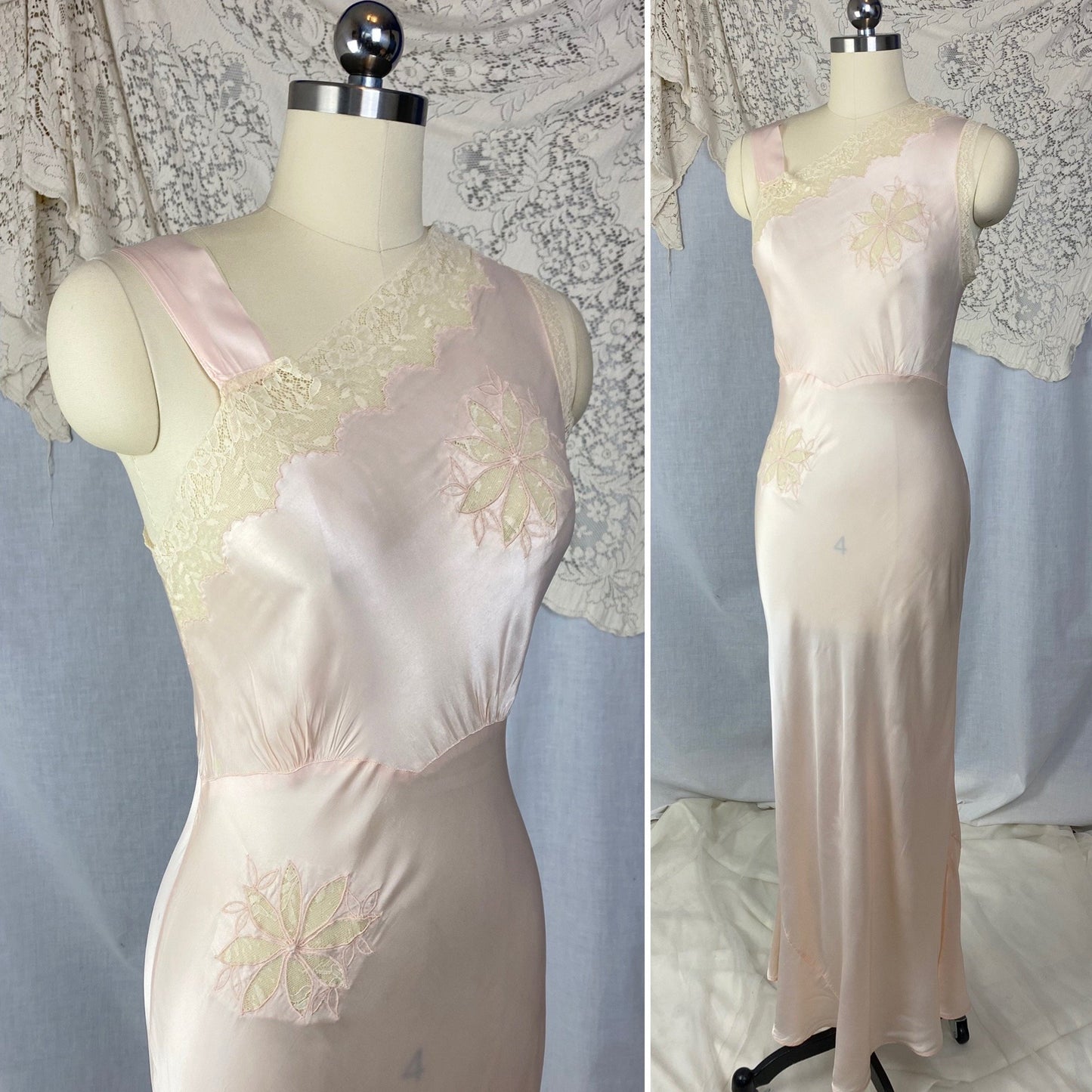 Vintage 1940's Nightgown | Pale Powder Pink Rayon Satin with Lace Floral Inserts & Faux Off Shoulder | Size XS, S | D'Amato - Daggers & Dames