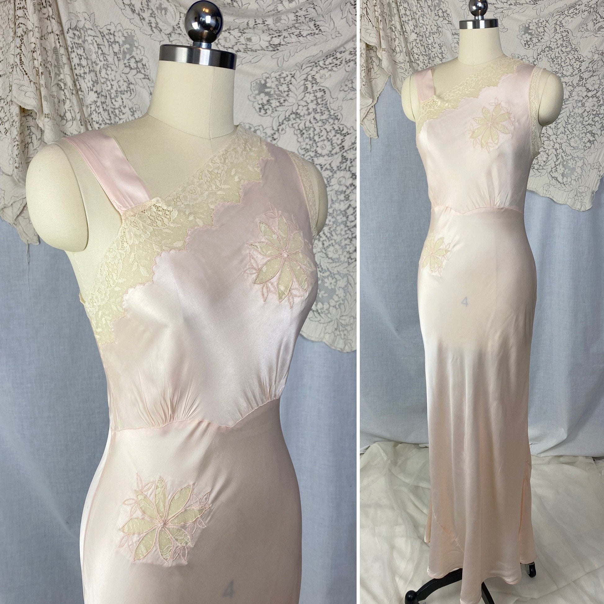 Vintage 1940's Nightgown | Pale Powder Pink Rayon Satin with Lace Floral Inserts & Faux Off Shoulder | Size XS, S | D'Amato - Daggers & Dames