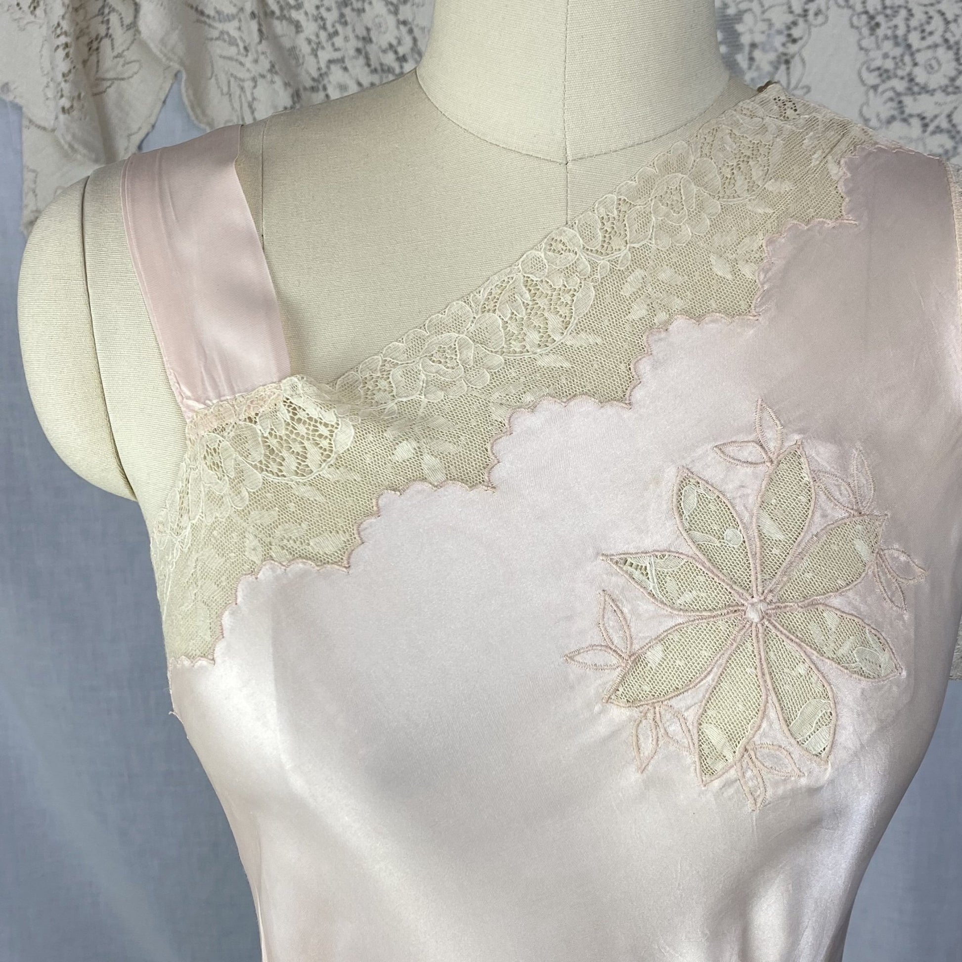Vintage 1940's Nightgown | Pale Powder Pink Rayon Satin with Lace Floral Inserts & Faux Off Shoulder | Size XS, S | D'Amato - Daggers & Dames