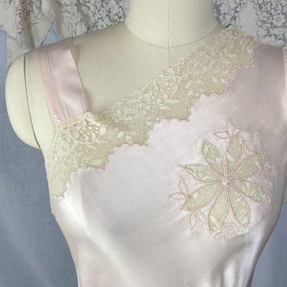 Vintage 1940's Nightgown | Pale Powder Pink Rayon Satin with Lace Floral Inserts & Faux Off Shoulder | Size XS, S | D'Amato - Daggers & Dames