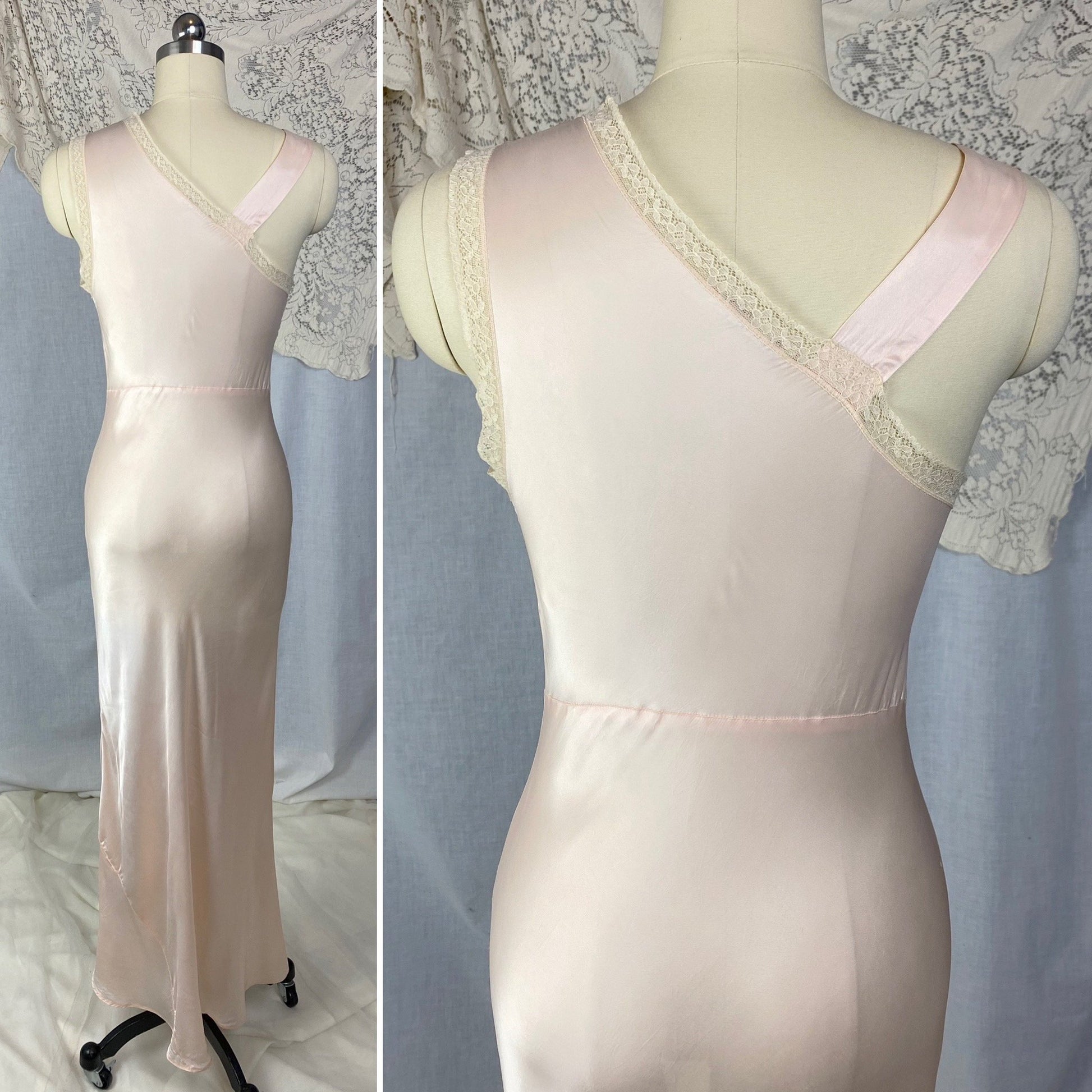 Vintage 1940's Nightgown | Pale Powder Pink Rayon Satin with Lace Floral Inserts & Faux Off Shoulder | Size XS, S | D'Amato - Daggers & Dames
