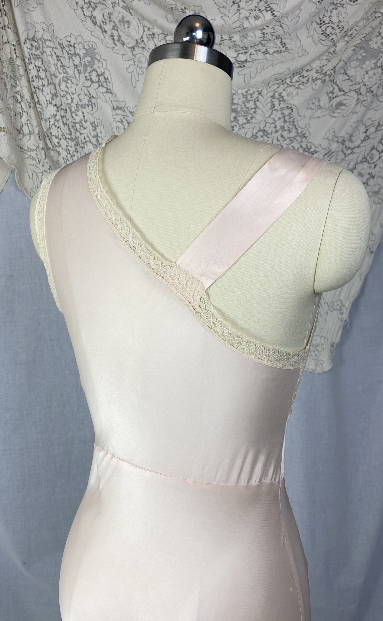 Vintage 1940's Nightgown | Pale Powder Pink Rayon Satin with Lace Floral Inserts & Faux Off Shoulder | Size XS, S | D'Amato - Daggers & Dames