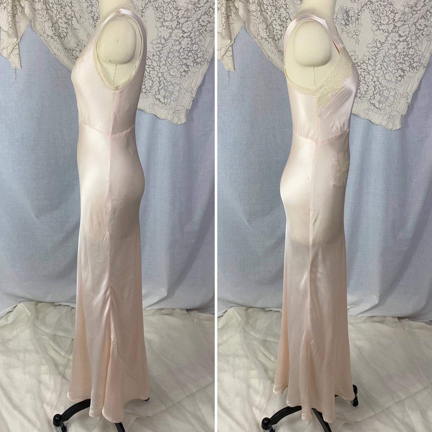 Vintage 1940's Nightgown | Pale Powder Pink Rayon Satin with Lace Floral Inserts & Faux Off Shoulder | Size XS, S | D'Amato - Daggers & Dames