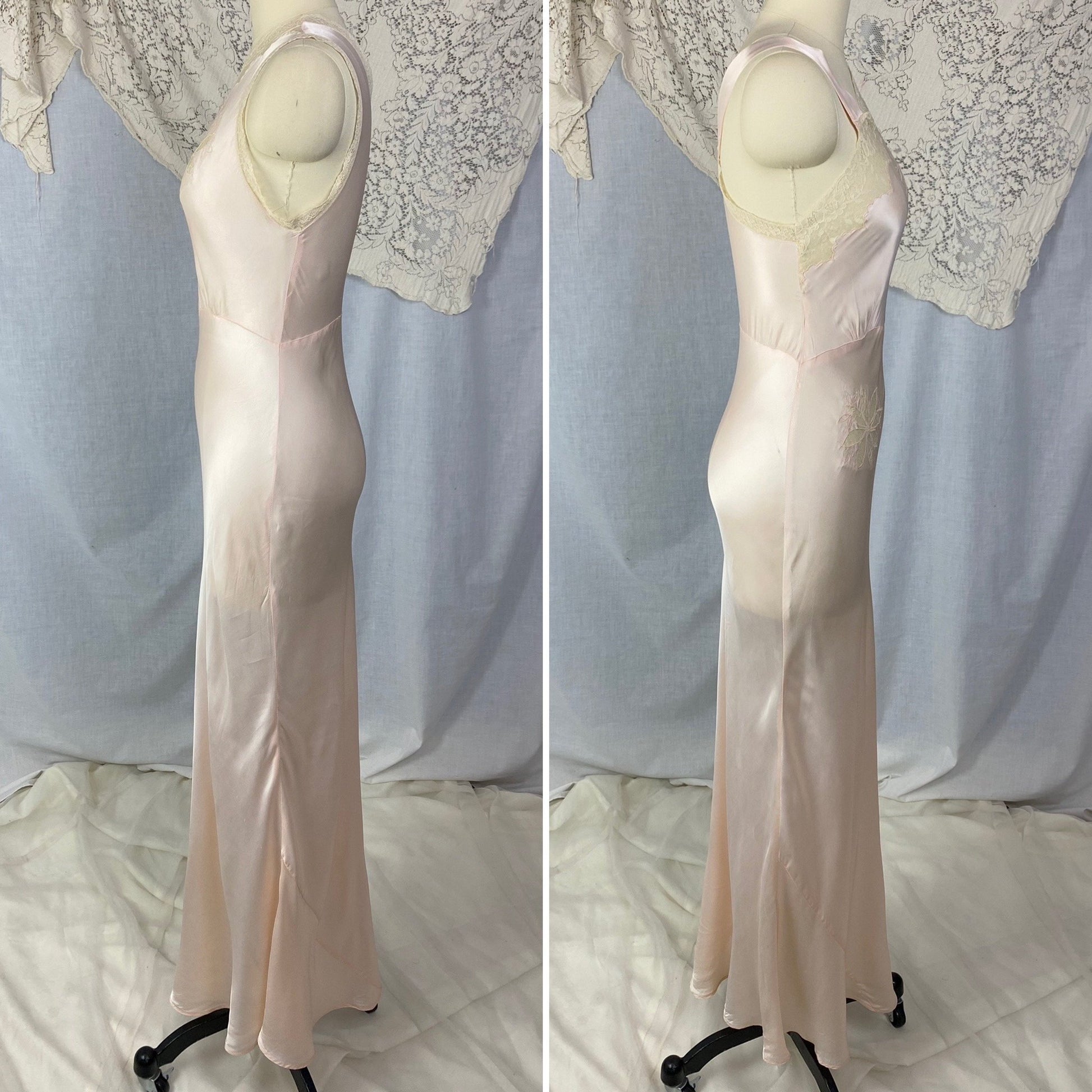 Vintage 1940's Nightgown | Pale Powder Pink Rayon Satin with Lace Floral Inserts & Faux Off Shoulder | Size XS, S | D'Amato - Daggers & Dames