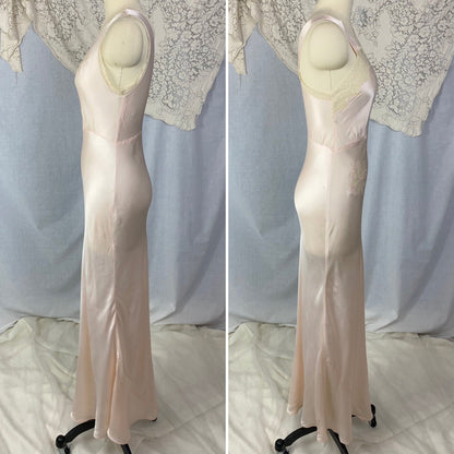 Vintage 1940's Nightgown | Pale Powder Pink Rayon Satin with Lace Floral Inserts & Faux Off Shoulder | Size XS, S | D'Amato - Daggers & Dames