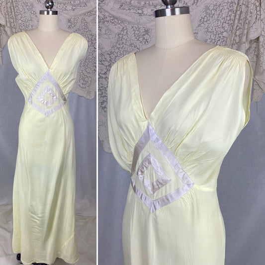 Vintage 1940's Nightgown | Pale Primrose Yellow Rayon with White Satin Ribbon Appliqué | Size LG, XL | Gracette - Daggers & Dames