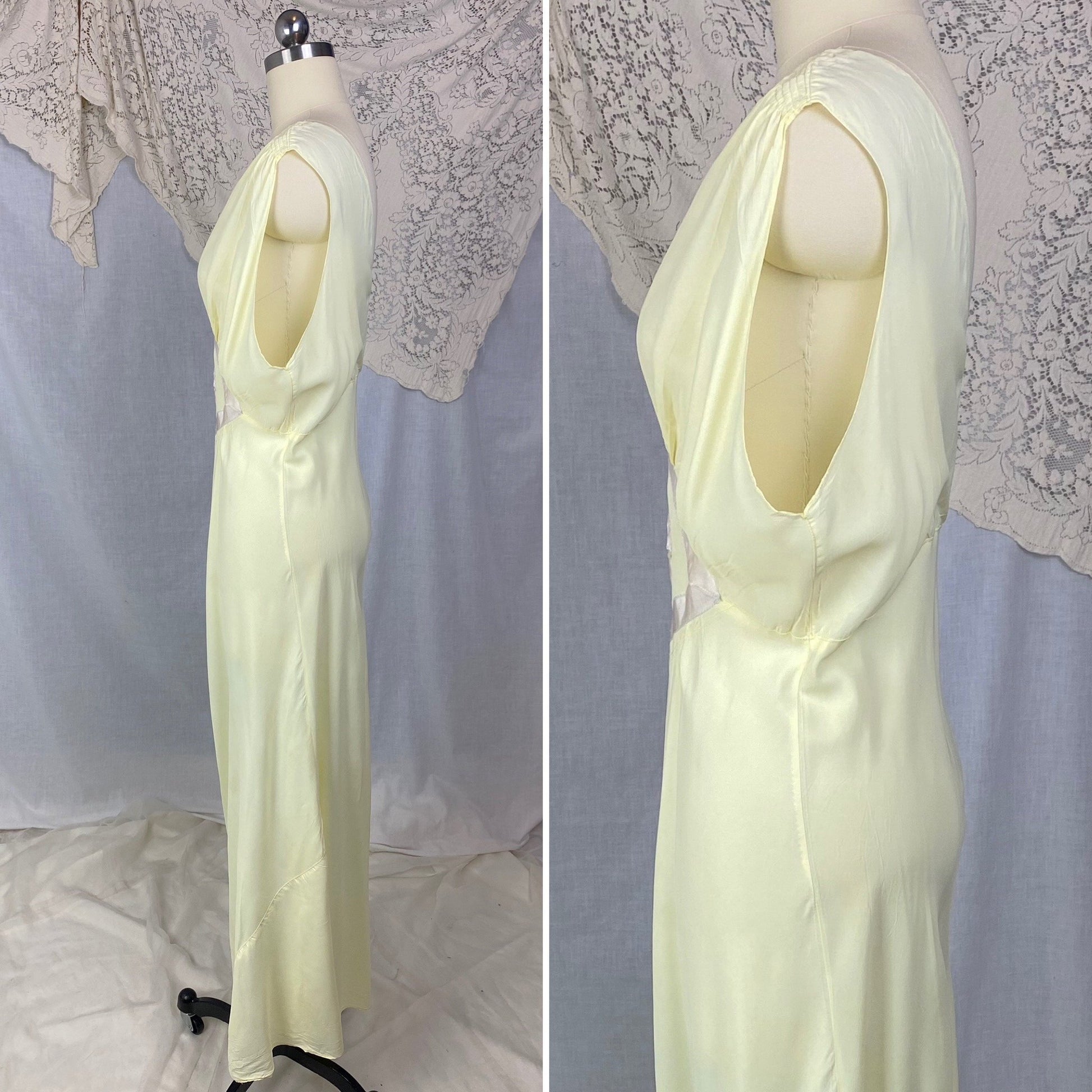 Vintage 1940's Nightgown | Pale Primrose Yellow Rayon with White Satin Ribbon Appliqué | Size LG, XL | Gracette - Daggers & Dames