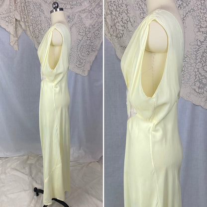 Vintage 1940's Nightgown | Pale Primrose Yellow Rayon with White Satin Ribbon Appliqué | Size LG, XL | Gracette - Daggers & Dames