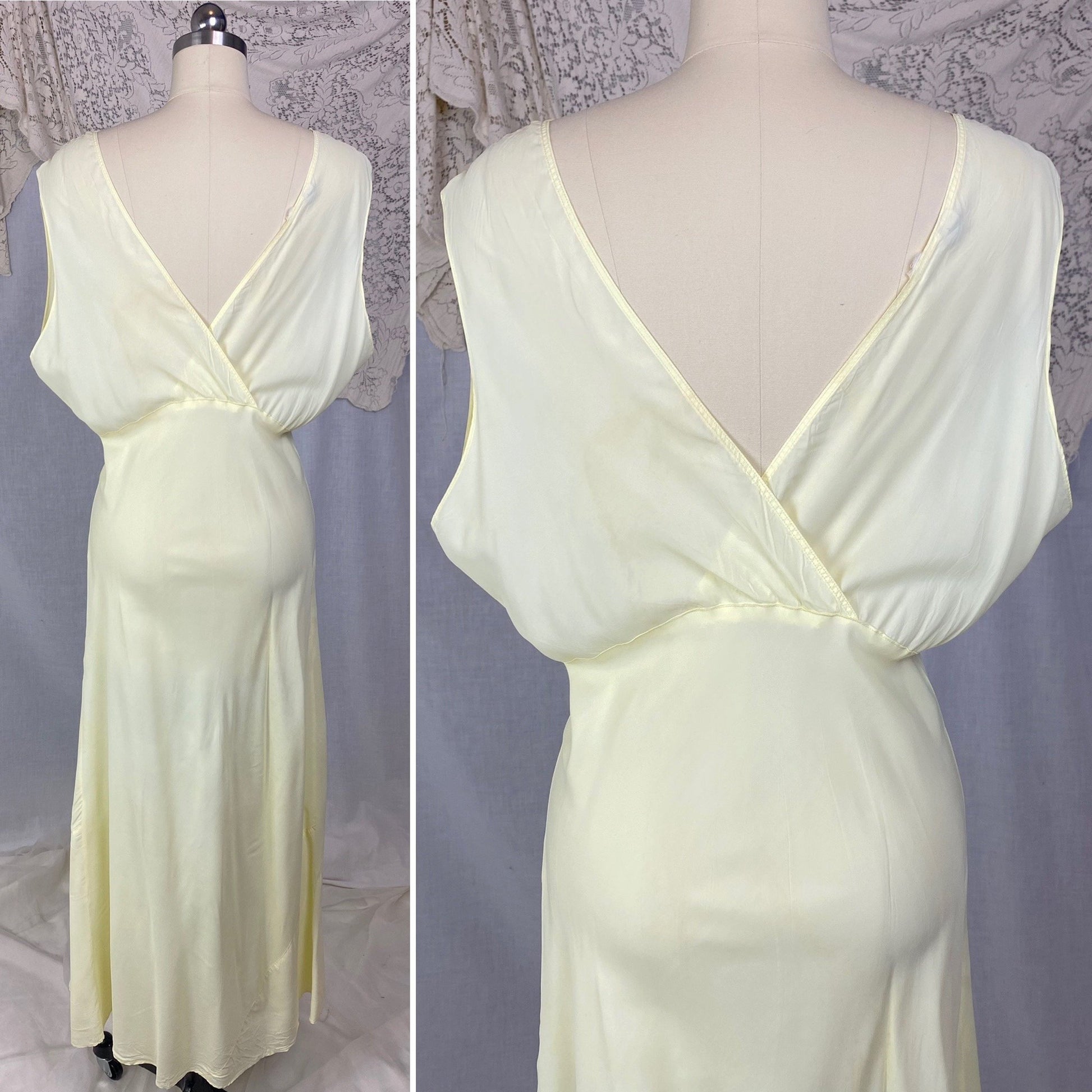 Vintage 1940's Nightgown | Pale Primrose Yellow Rayon with White Satin Ribbon Appliqué | Size LG, XL | Gracette - Daggers & Dames