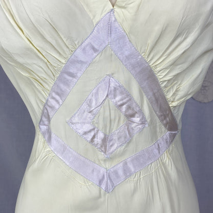 Vintage 1940's Nightgown | Pale Primrose Yellow Rayon with White Satin Ribbon Appliqué | Size LG, XL | Gracette - Daggers & Dames