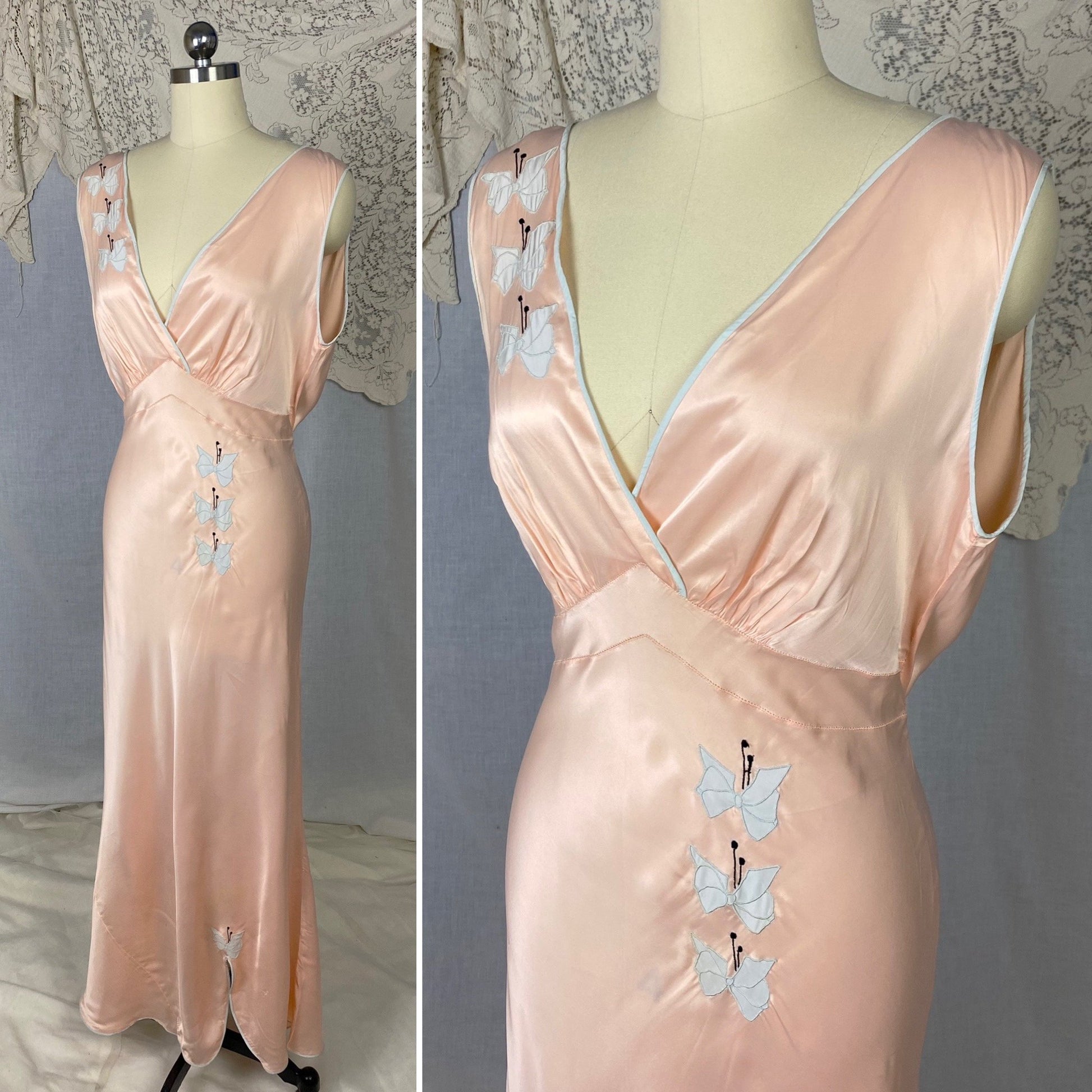 Vintage 1940's Nightgown | Pale Rose Pink with Baby Blue Butterfly Appliqués | Size 36-40 Bust, M/LG | Dwayne - Daggers & Dames