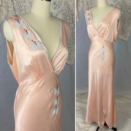 Vintage 1940's Nightgown | Pale Rose Pink with Baby Blue Butterfly Appliqués | Size 36-40 Bust, M/LG | Dwayne - Daggers & Dames