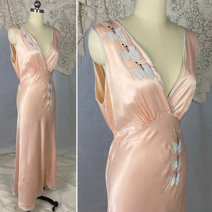 Vintage 1940's Nightgown | Pale Rose Pink with Baby Blue Butterfly Appliqués | Size 36-40 Bust, M/LG | Dwayne - Daggers & Dames