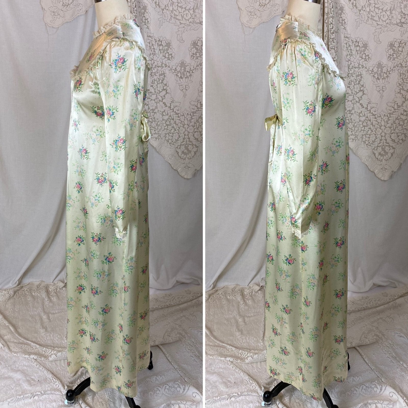 Vintage 1940's Nightgown | Pale Yellow Rayon Satin with Floral Print & Lace | Size XS - Daggers & Dames