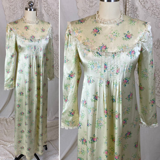 Vintage 1940's Nightgown | Pale Yellow Rayon Satin with Floral Print & Lace | Size XS - Daggers & Dames