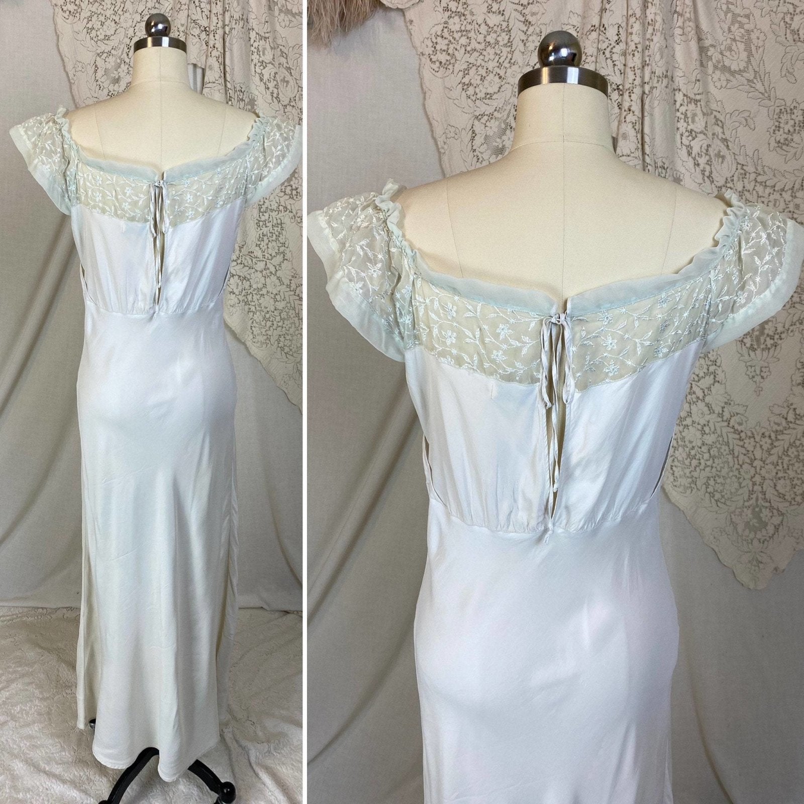 Vintage 1940's Nightgown | Palest Mint Green Rayon with Embroidered Chiffon | Size S, M | Barbizon - Daggers & Dames