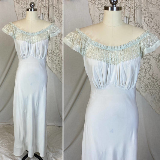 Vintage 1940's Nightgown | Palest Mint Green Rayon with Embroidered Chiffon | Size S, M | Barbizon - Daggers & Dames