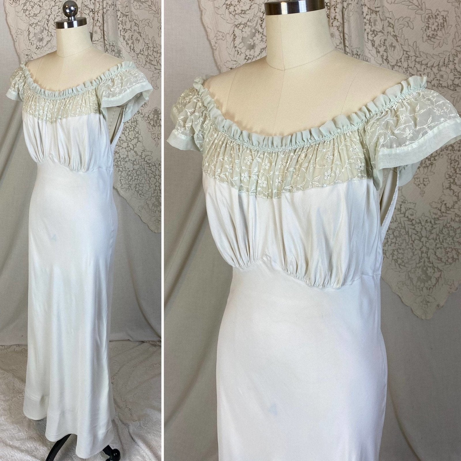Vintage 1940's Nightgown | Palest Mint Green Rayon with Embroidered Chiffon | Size S, M | Barbizon - Daggers & Dames