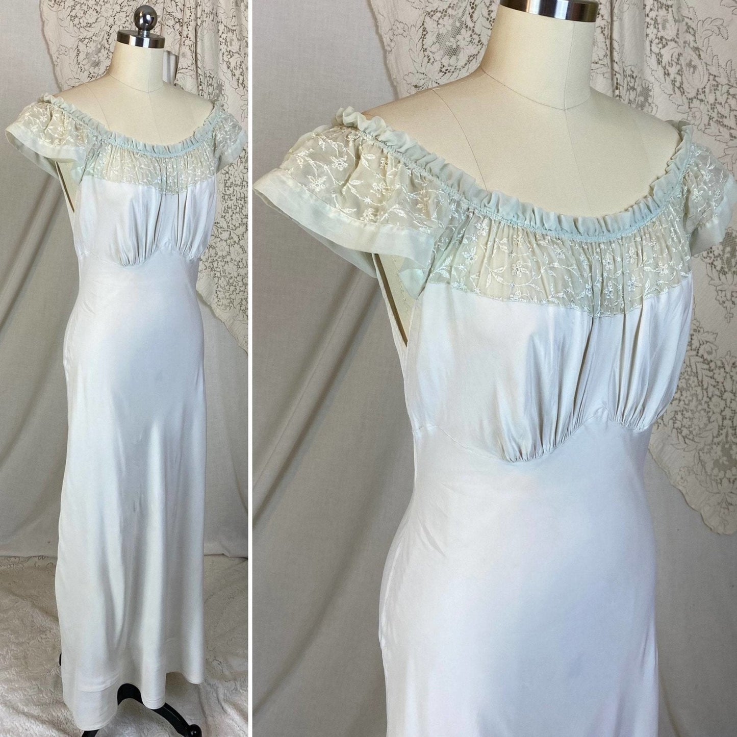 Vintage 1940's Nightgown | Palest Mint Green Rayon with Embroidered Chiffon | Size S, M | Barbizon - Daggers & Dames