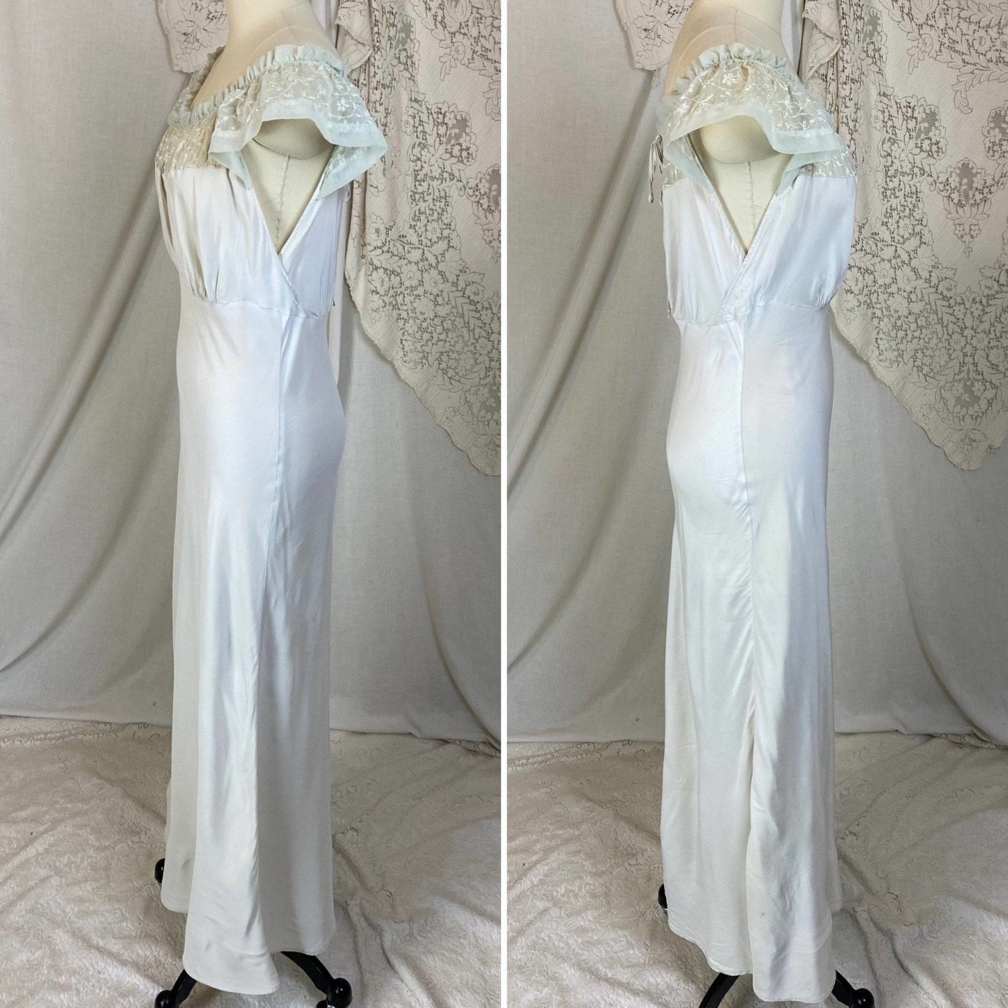 Vintage 1940's Nightgown | Palest Mint Green Rayon with Embroidered Chiffon | Size S, M | Barbizon - Daggers & Dames