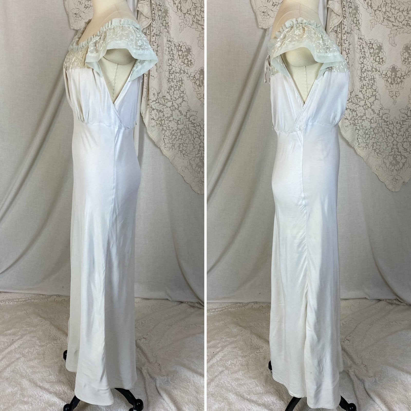 Vintage 1940's Nightgown | Palest Mint Green Rayon with Embroidered Chiffon | Size S, M | Barbizon - Daggers & Dames
