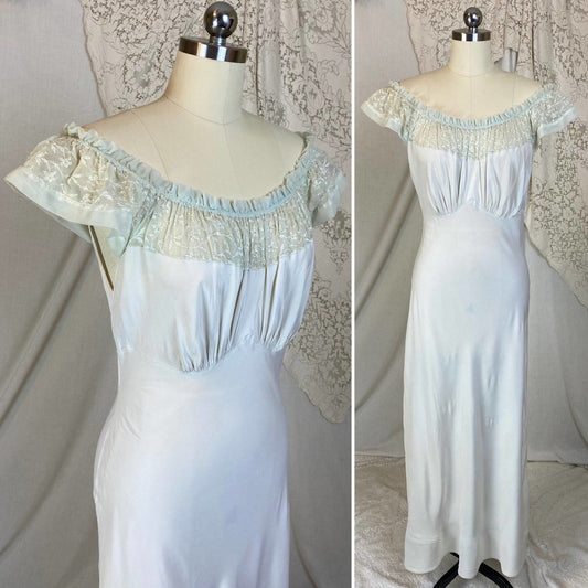 Vintage 1940's Nightgown | Palest Mint Green Rayon with Embroidered Chiffon | Size S, M | Barbizon - Daggers & Dames