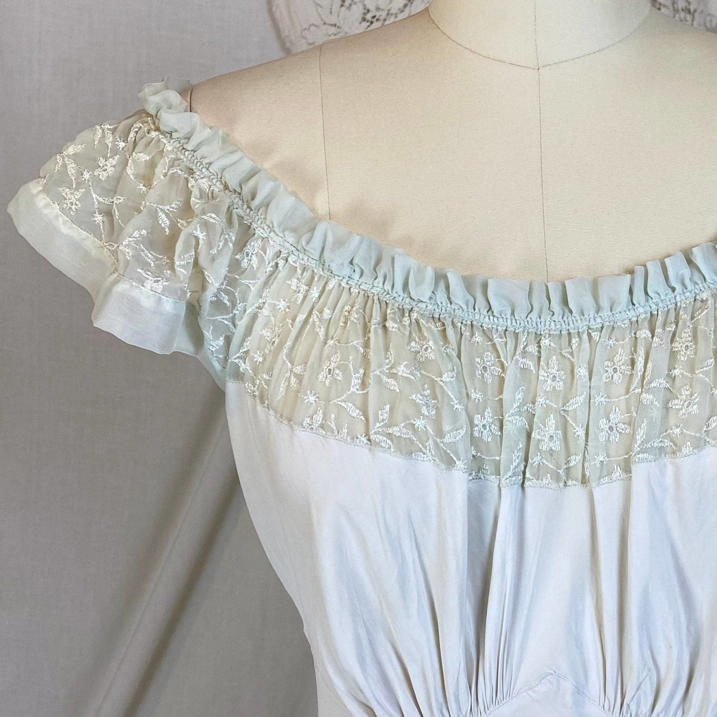 Vintage 1940's Nightgown | Palest Mint Green Rayon with Embroidered Chiffon | Size S, M | Barbizon - Daggers & Dames