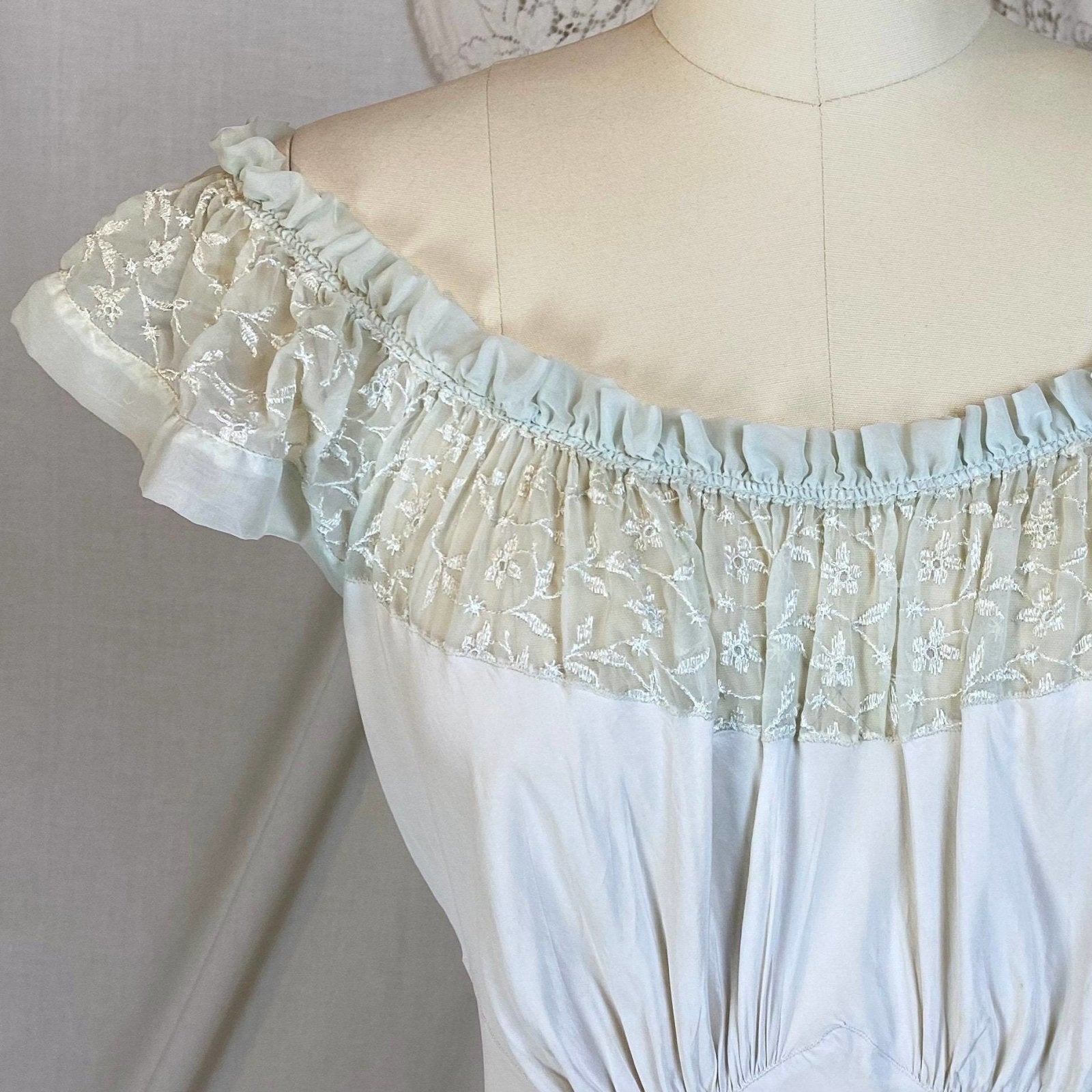 Vintage 1940's Nightgown | Palest Mint Green Rayon with Embroidered Chiffon | Size S, M | Barbizon - Daggers & Dames