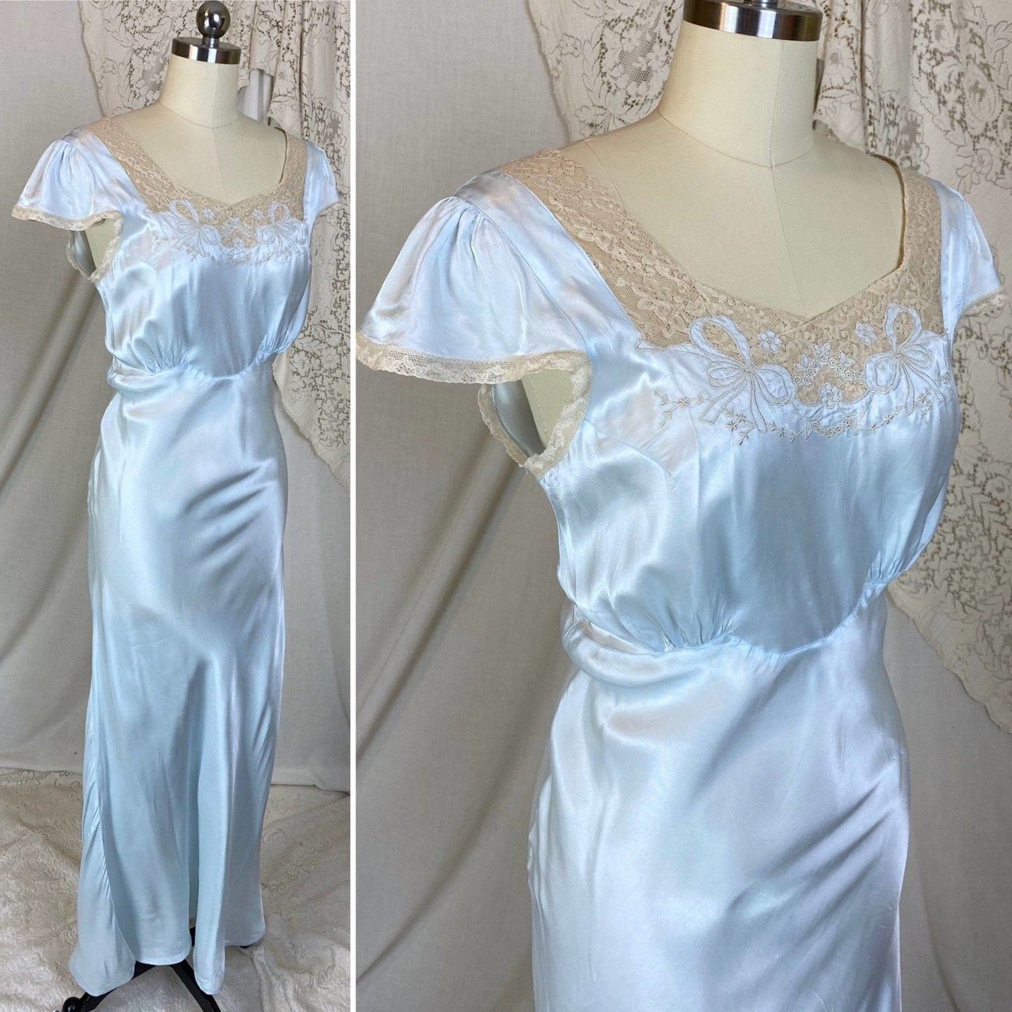 Vintage 1940's Nightgown | Pastel Blue Rayon Satin with Ecru Lace & Bow Appliques | Size XS, S | Rayette - Never Worn - Daggers & Dames