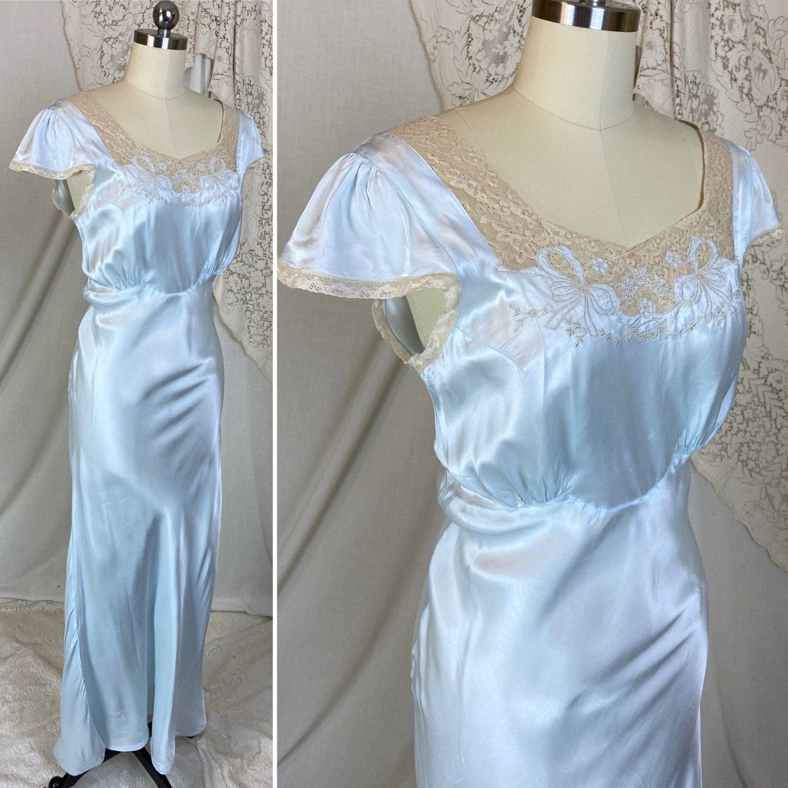 Vintage 1940's Nightgown | Pastel Blue Rayon Satin with Ecru Lace & Bow Appliques | Size XS, S | Rayette - Never Worn - Daggers & Dames