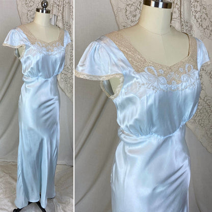 Vintage 1940's Nightgown | Pastel Blue Rayon Satin with Ecru Lace & Bow Appliques | Size XS, S | Rayette - Never Worn - Daggers & Dames