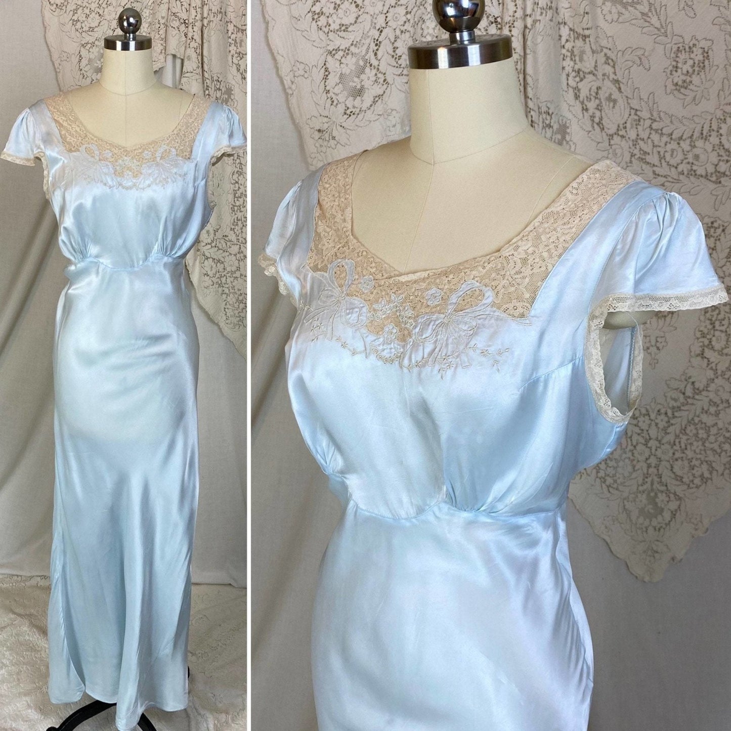 Vintage 1940's Nightgown | Pastel Blue Rayon Satin with Ecru Lace & Bow Appliques | Size XS, S | Rayette - Never Worn - Daggers & Dames