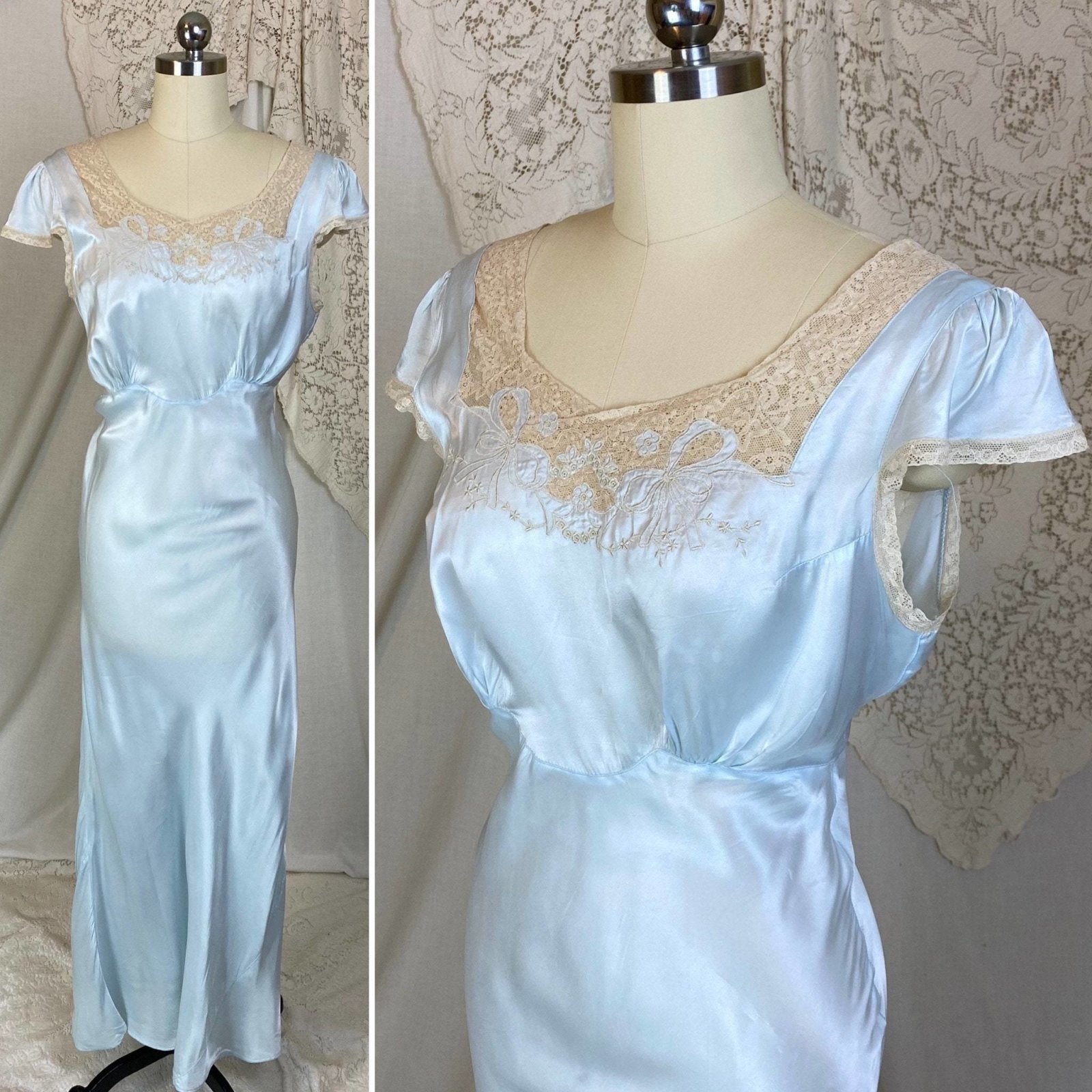 Vintage 1940's Nightgown | Pastel Blue Rayon Satin with Ecru Lace & Bow Appliques | Size XS, S | Rayette - Never Worn - Daggers & Dames