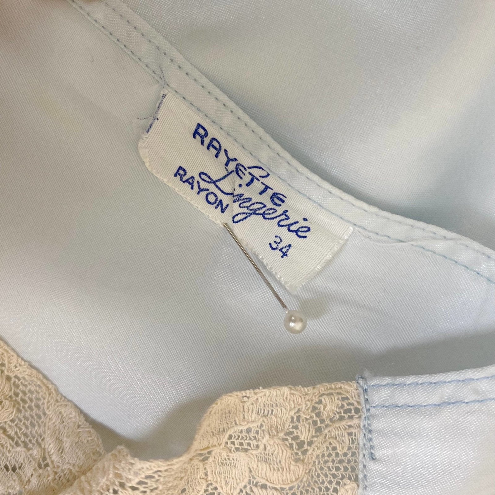 Vintage 1940's Nightgown | Pastel Blue Rayon Satin with Ecru Lace & Bow Appliques | Size XS, S | Rayette - Never Worn - Daggers & Dames