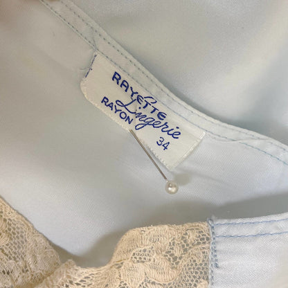 Vintage 1940's Nightgown | Pastel Blue Rayon Satin with Ecru Lace & Bow Appliques | Size XS, S | Rayette - Never Worn - Daggers & Dames