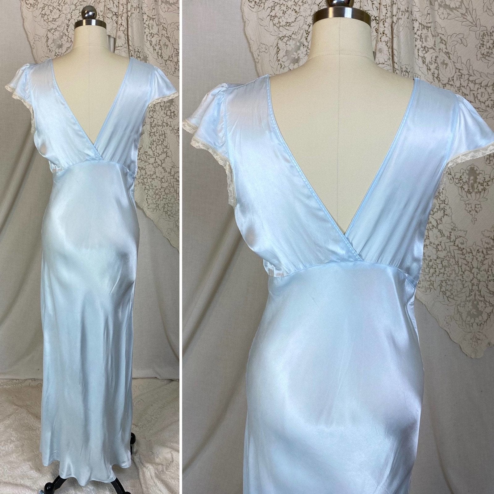 Vintage 1940's Nightgown | Pastel Blue Rayon Satin with Ecru Lace & Bow Appliques | Size XS, S | Rayette - Never Worn - Daggers & Dames