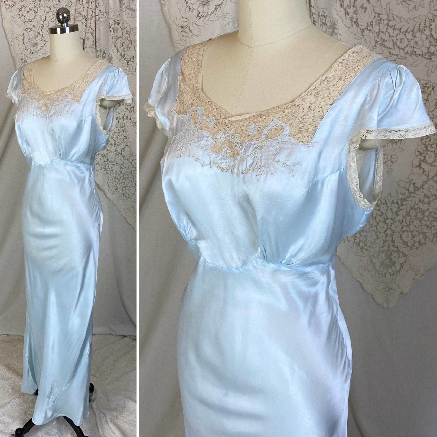 Vintage 1940's Nightgown | Pastel Blue Rayon Satin with Ecru Lace & Bow Appliques | Size XS, S | Rayette - Never Worn - Daggers & Dames
