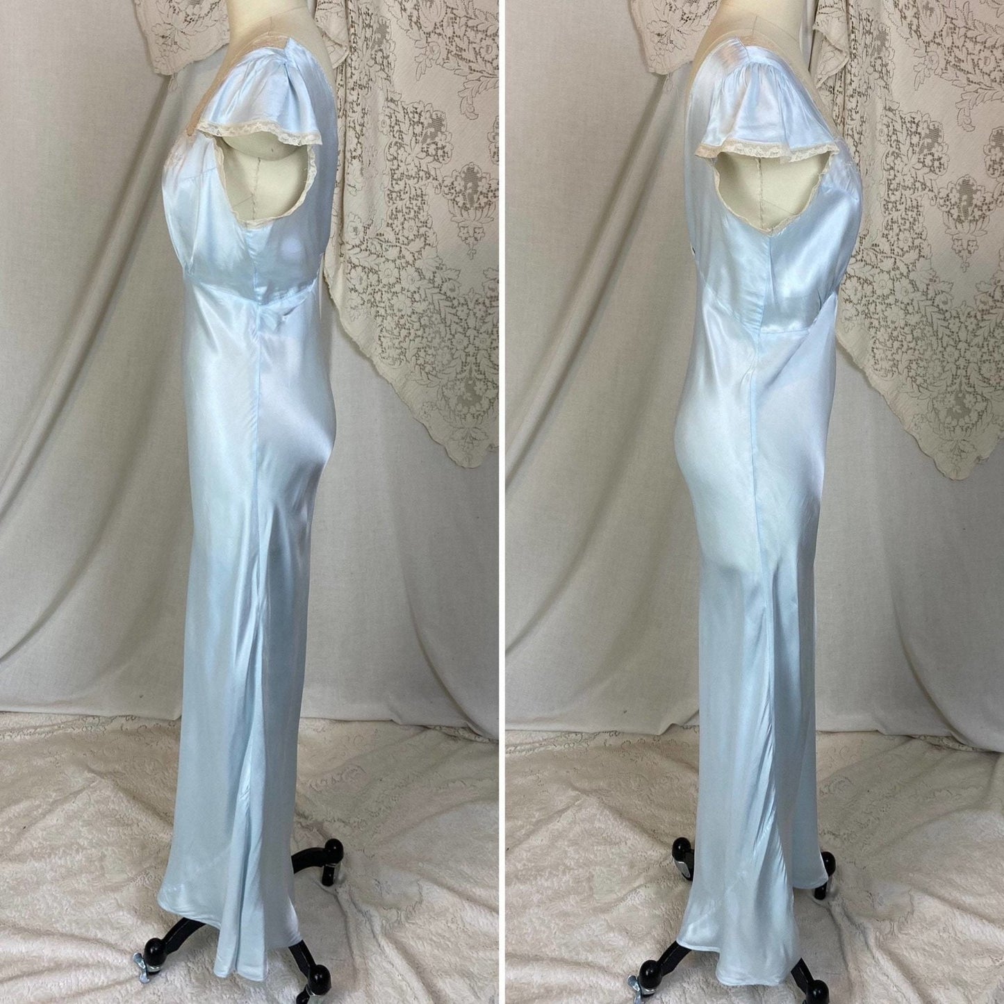 Vintage 1940's Nightgown | Pastel Blue Rayon Satin with Ecru Lace & Bow Appliques | Size XS, S | Rayette - Never Worn - Daggers & Dames
