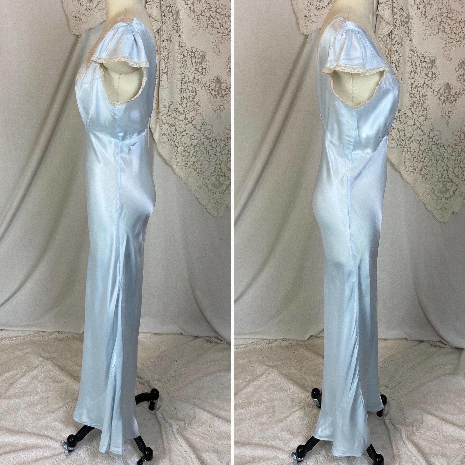 Vintage 1940's Nightgown | Pastel Blue Rayon Satin with Ecru Lace & Bow Appliques | Size XS, S | Rayette - Never Worn - Daggers & Dames